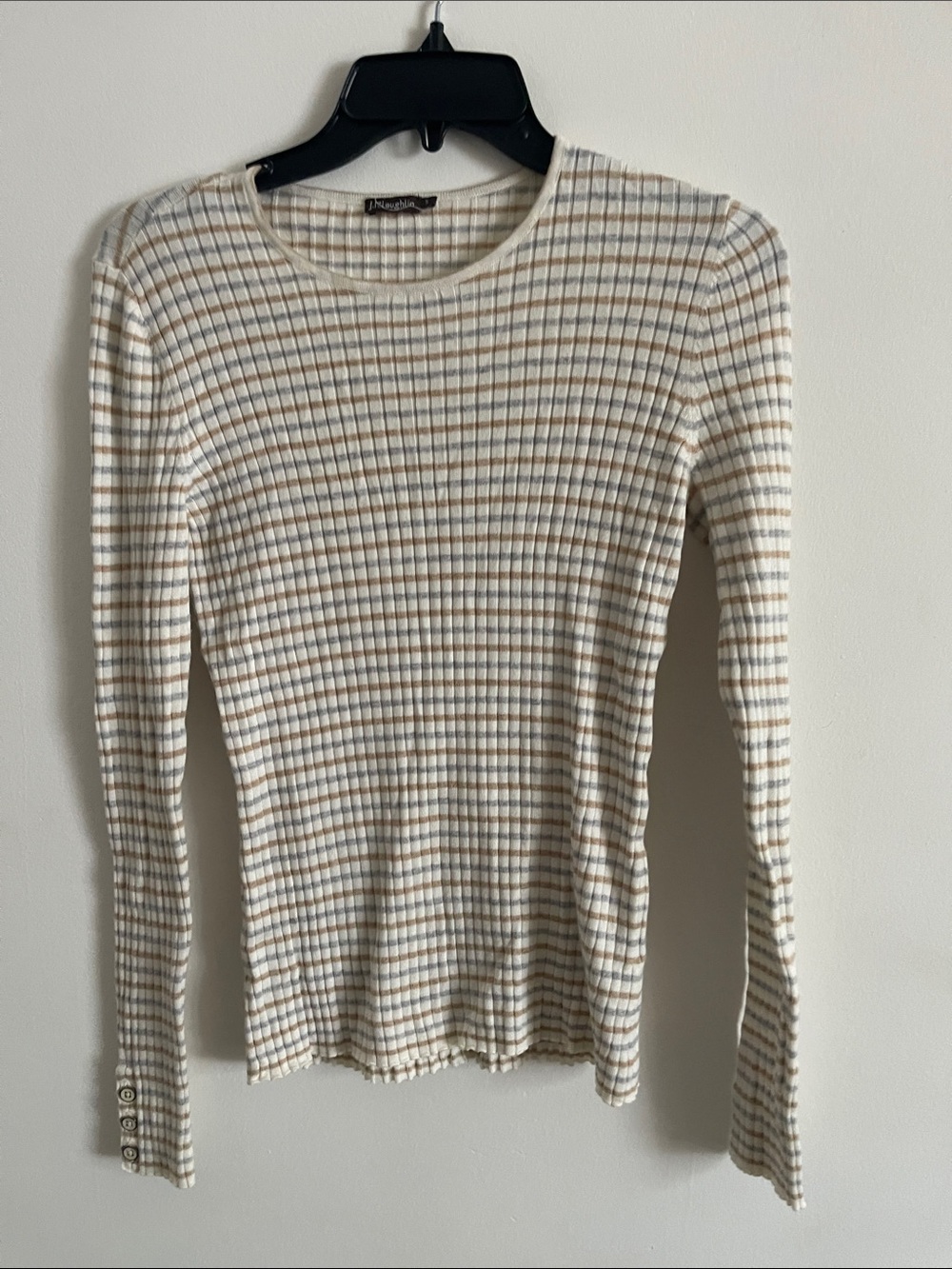 a new day Cream Striped Ribbed Long Sleeve Top with Tan and Light Gray Accents